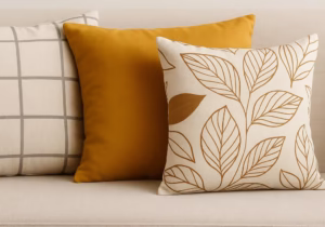 Capas de almofada Jolitex sobre sofá bege, com estampas geométricas, lisas e botânicas, destacando estilo e economia na decoração.