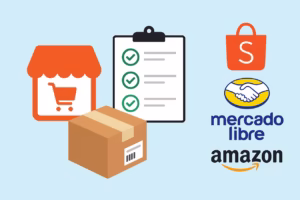 Ilustração digital em estilo flat com fundo azul claro mostrando uma loja online, uma caixa de envio, um checklist e os logotipos das plataformas Shopee, Mercado Livre e Amazon.